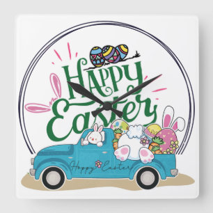 Funny Bunny Happy Easter Day Square Wall Clock