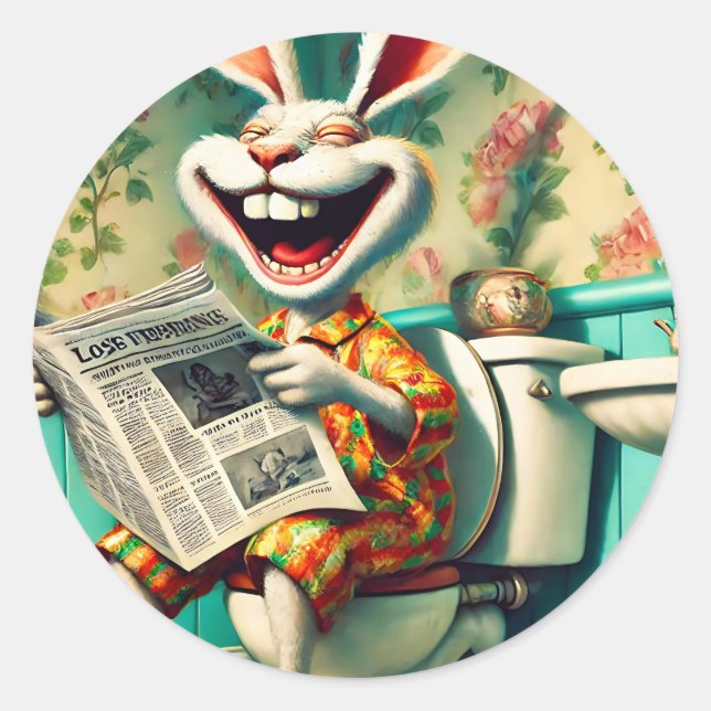 Funny Bunny on Toilet Bathroom Art  Classic Round Sticker (Front)