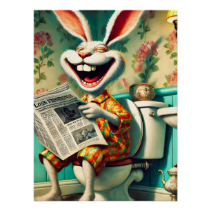 Funny Bunny on Toilet Bathroom Art Poster