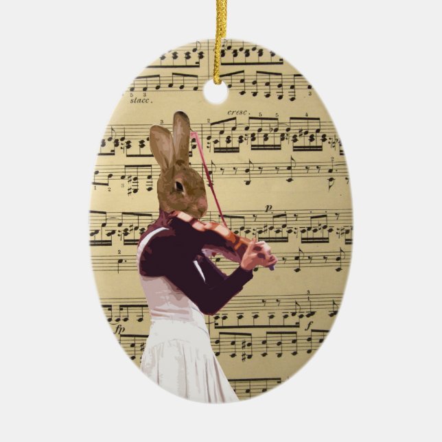 Funny bunny rabbit violinist ceramic ornament (Front)