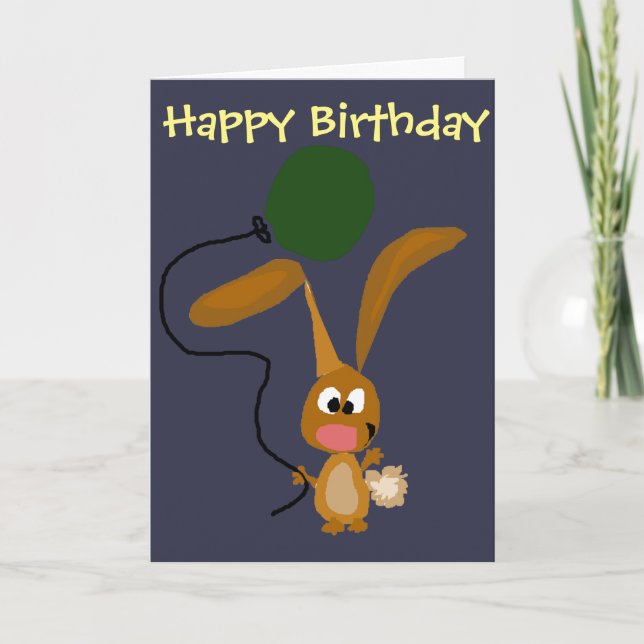 Funny Bunny Rabbit with Green Balloon Card (Front)