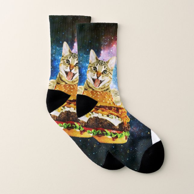 Funny burger cat space socks (Pair)