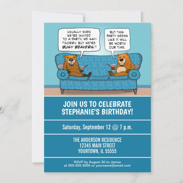 Funny Busy Beavers Birthday Party Invitation (Front)