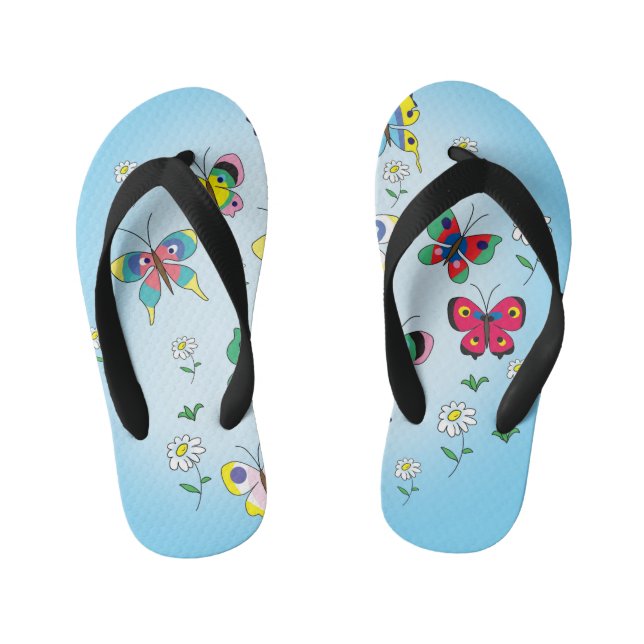 funny butterflies on the background of the sky kid's flip flops (Footbed)
