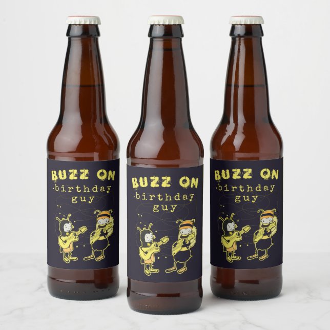 Funny Buzz On Rock Silly Cute Birthday Humour Blac Beer Bottle Label (Bottles)
