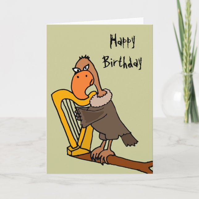Funny Buzzard Playing Harp Design Card (Front)