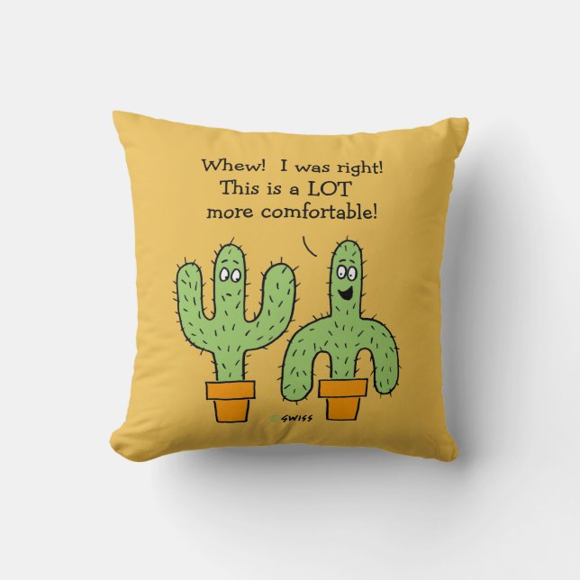 Funny Cactus Cartoon on Desert Gold Background Throw Pillow (Front)