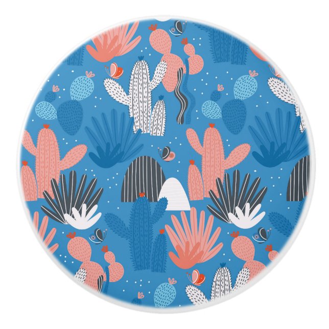 Funny cactus pattern - blue ceramic knob (Front)