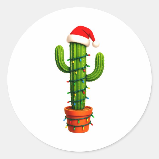 Funny Cactus Santa Hat Xmas Tree Lights Merry Chri Classic Round Sticker (Front)