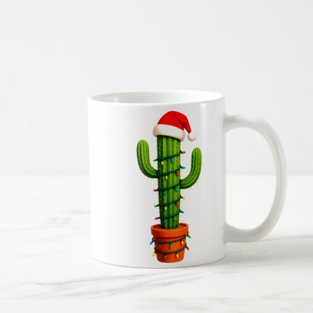 Funny Cactus Santa Hat Xmas Tree Lights Merry Chri Coffee Mug (Right)