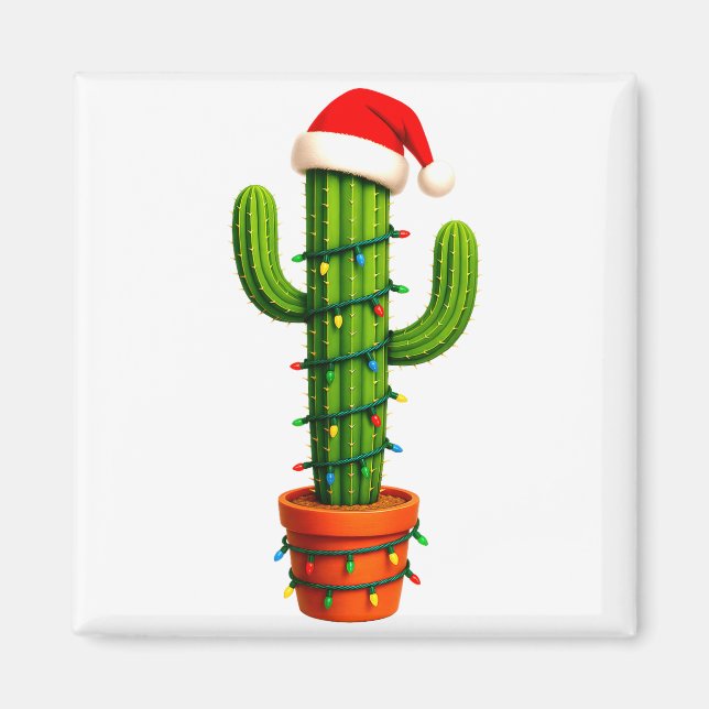 Funny Cactus Santa Hat Xmas Tree Lights Merry Chri Magnet (Front)