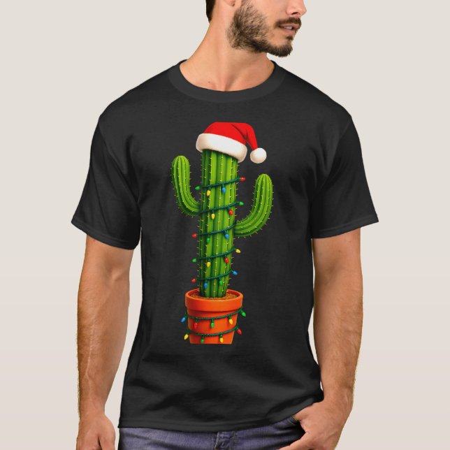 Funny Cactus Santa Hat Xmas Tree Lights Merry Chri T-Shirt (Front)