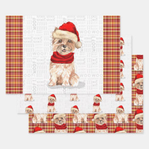 Funny Cairn Christmas Dog and Holiday Plaid Wrapping Paper Sheet