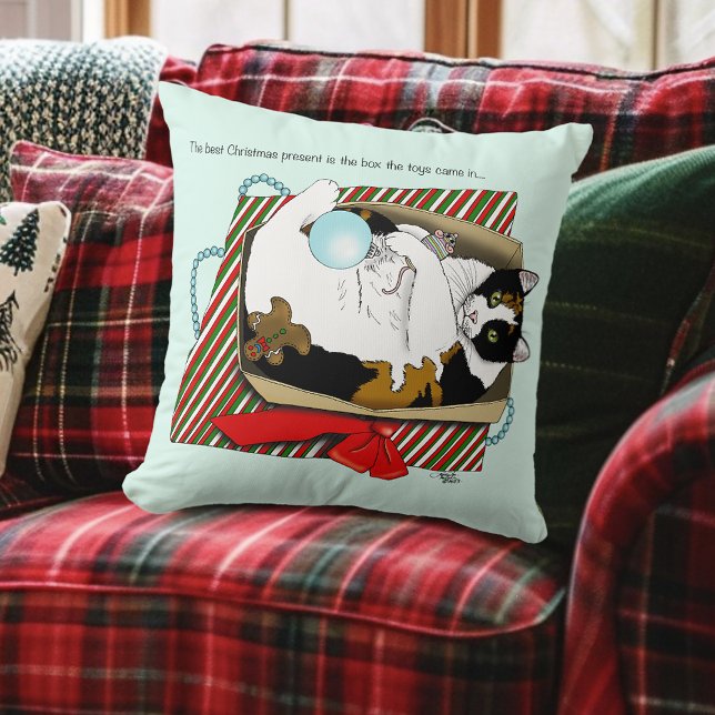 Funny Calico Cat Christmas Gift Box Throw Pillow (Creator Uploaded)