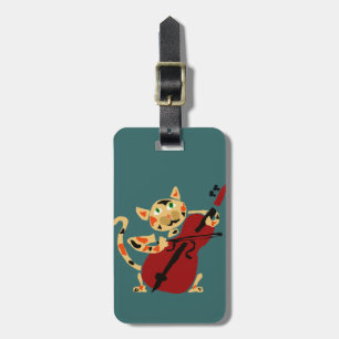 Funny Calico Cat Playing Cello Art Cartoon Luggage Tag