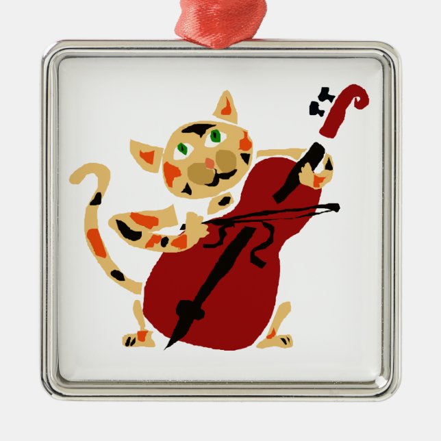 Funny Calico Cat Playing Cello Art Cartoon Metal Ornament (Front)