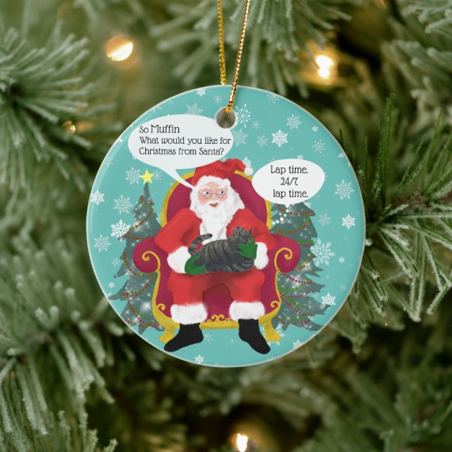 Funny Calico Cat Visits Santa with Hilarious Wish Ceramic Ornament (Tree)