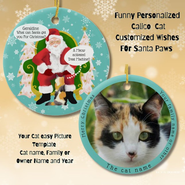 Funny Calico Cat Visits Santa with Hilarious Wishe Ceramic Ornament (Double side ornament A Calico Cat tells Santa Paws what she wants for Christmas. Custom text & Photo)