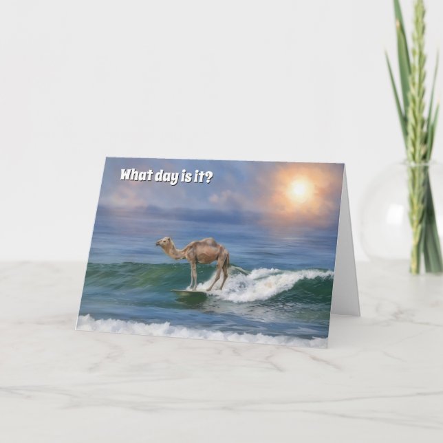 Funny Camel Surfing in the Ocean Birthday Card (Front)