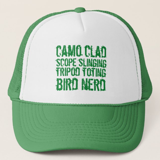 Funny Camo Clad Tripod Toting Bird Nerd Trucker Hat (Front)