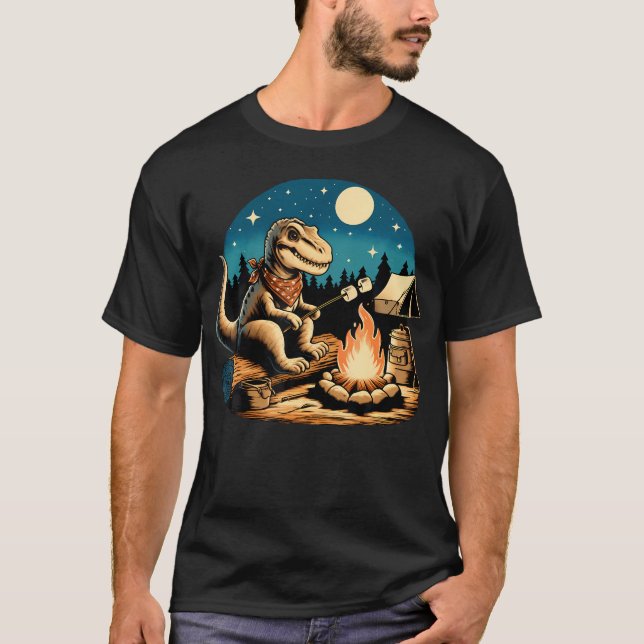 Funny Campfire Dinosaur Roasting Marshmallows Camp T-Shirt (Front)
