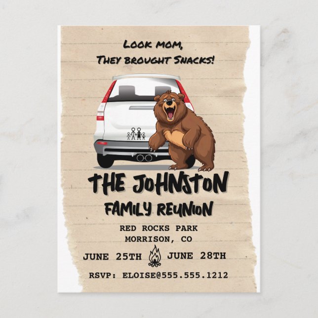 Funny Camping Family Reunion Invitation with Bear  Postcard (Front)
