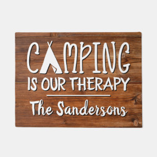 Funny Camping is Our Therapy Rustic w Family Name Doormat