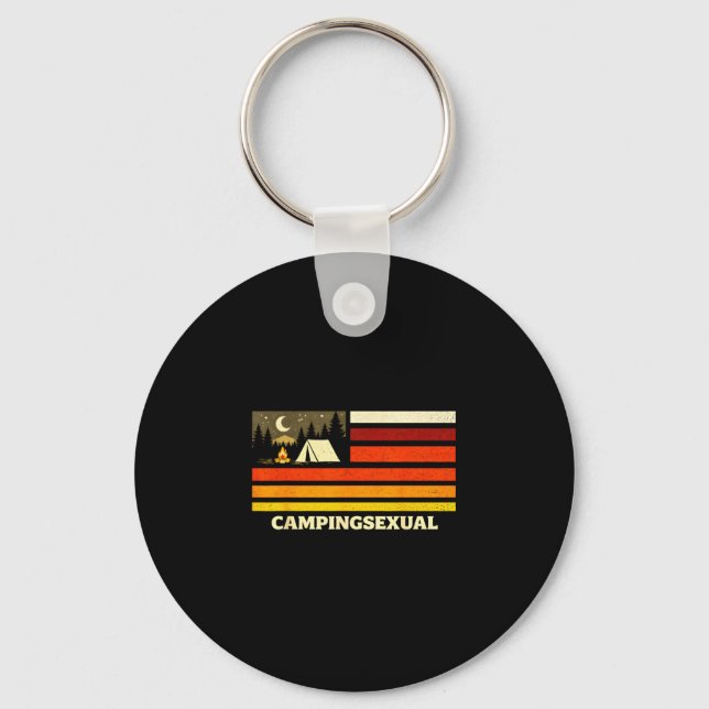 Funny camping lover retro flag campfire keychain (Front)