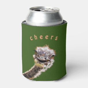 Funny Can Cooler with Happy Ostrich - Custom Text