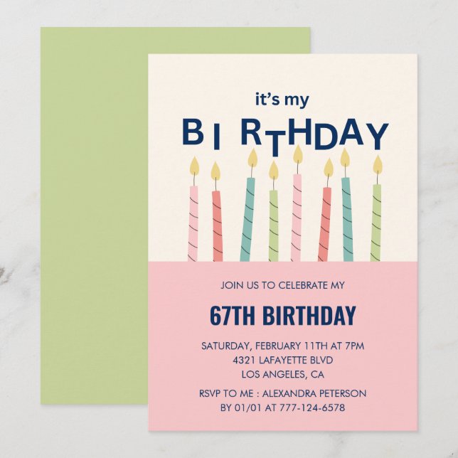 Funny Candle Pink Green 67th birthday invitations  (Front/Back)