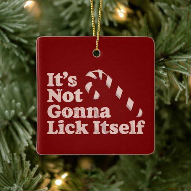 Funny Candy Cane Lick Itself Christmas Ceramic Ornament (Tree)