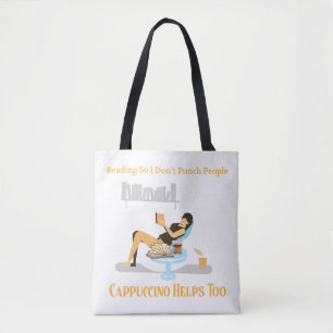 Funny cappuccino and books tote bag