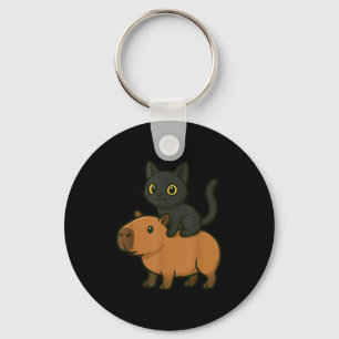Funny Capybara Black Cat Animal Lover Mom Dad Kids Keychain