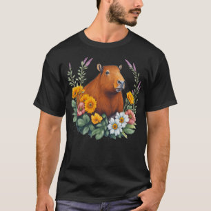Funny Capybara Cute Watercolor Flower Capybara Gra T-Shirt