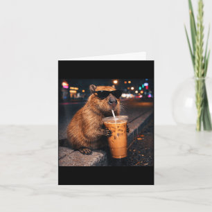 Funny capybara drinking iced coffee lover animal card