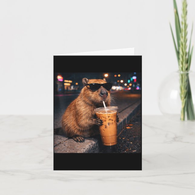 Funny capybara drinking iced coffee lover animal card (Front)