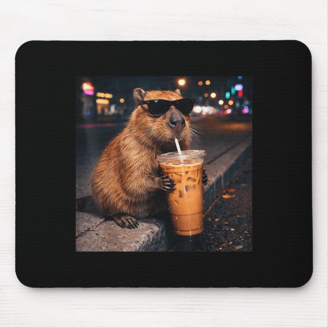 Funny capybara drinking iced coffee lover animal mouse pad (Front)