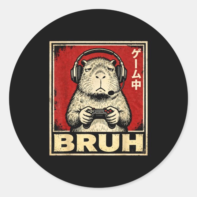 Funny Capybara Gamer Bruh Graphic Tee Men Boys Tee Classic Round Sticker (Front)