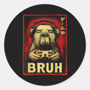 Funny Capybara Gamer Bruh Graphic Tee Men Boys Tee Classic Round Sticker