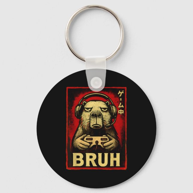 Funny Capybara Gamer Bruh Graphic Tee Men Boys Tee Keychain (Front)