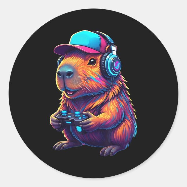 Funny Capybara Gamer Gaming Video Games Capybara  Classic Round Sticker (Front)