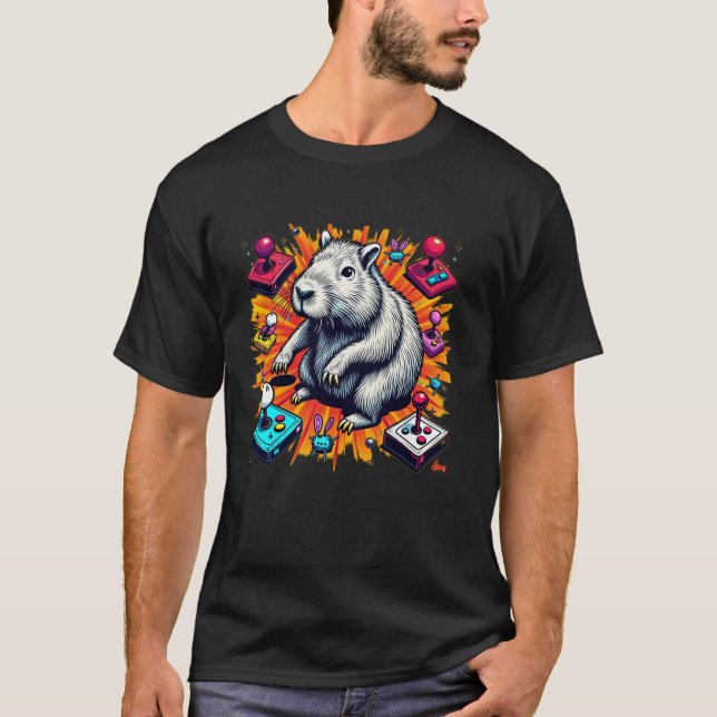 Funny Capybara Gaming Retro Rodent Capybara Video  T-Shirt (Front)