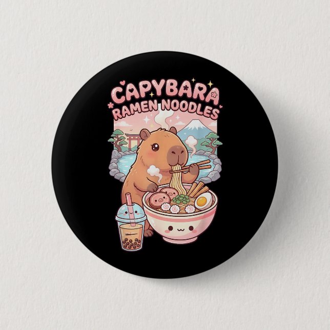 Funny Capybara Noodle Ramen Kawaii Capybara Eating 2 Inch Round Button (Front)
