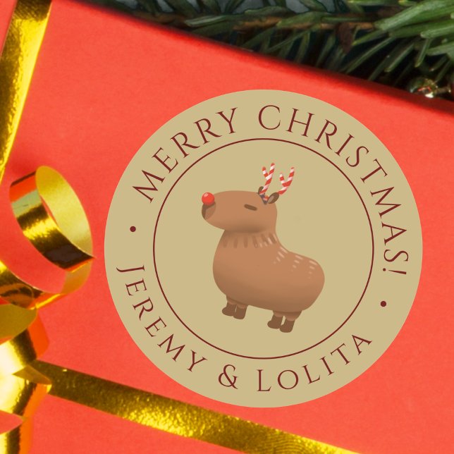 Funny Capybara Reindeer Christmas Gold Classic Round Sticker (Add a personal touch to your gifts with our festive capybara reindeer stickers.)