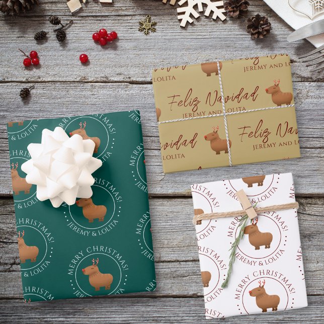 Funny Capybara Reindeer Christmas Wrapping Paper Sheet (Make every gift extra special with custom capybara reindeer wrapping paper collection!)