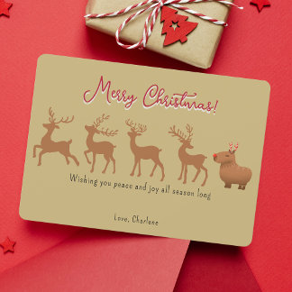Funny Capybara Reindeer Gold Cartes de Noël