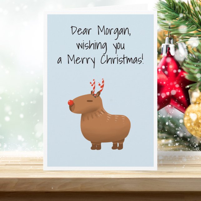 Funny Capybara Reindeer Personalized Christmas Card (Spread the joy with our capybara reindeer, the cutest reindeer of all.)