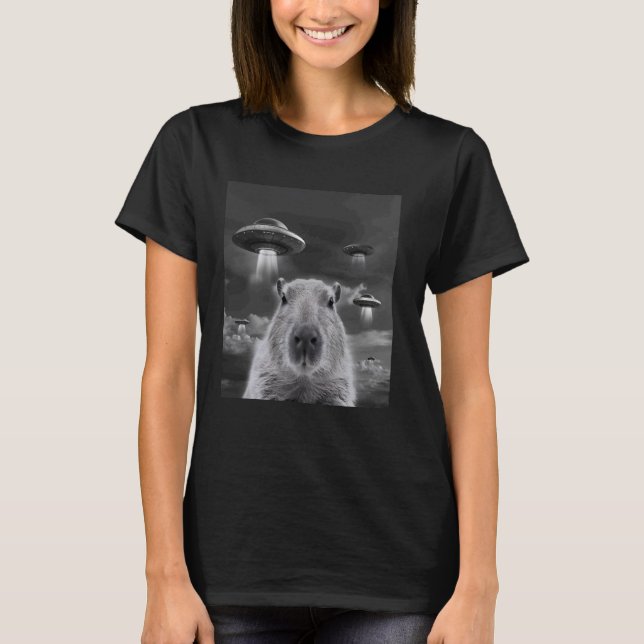 Funny Capybara Selfie with UFOs Weird Capybara T-Shirt (Front)