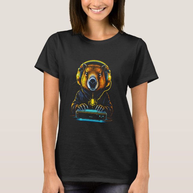 Funny Capybara Tee Gamepad Headphones Video Games  (Front)
