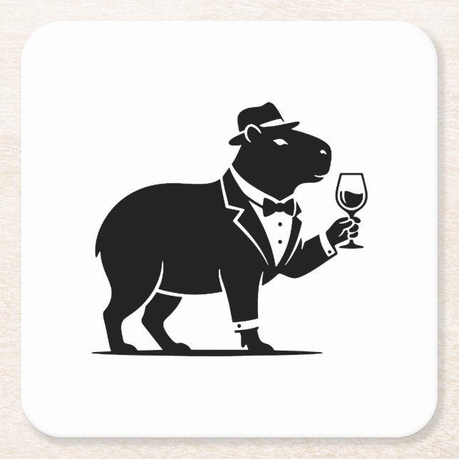 Funny Capybara Wineglass Minimalist Modern Square Paper Coaster (Front)